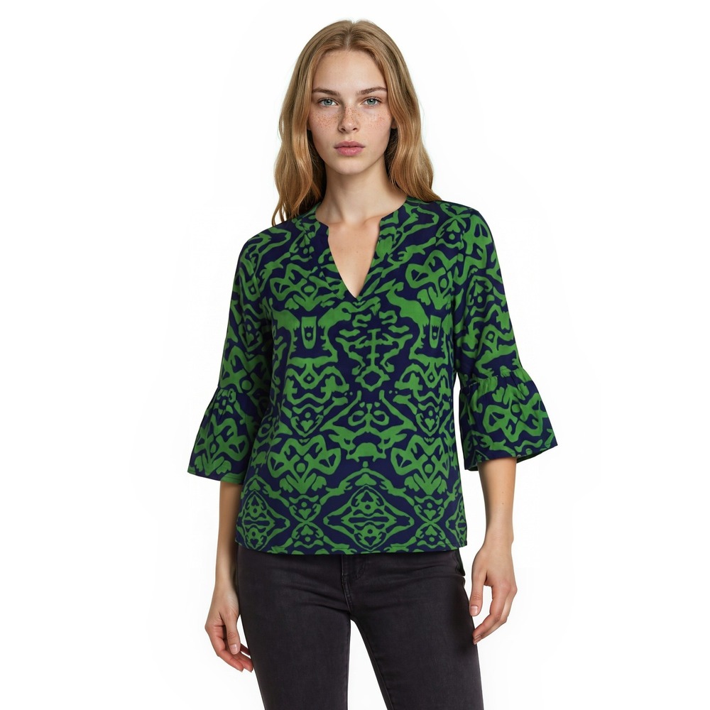 Escapada Tunic Top Blouse Women's Size Small Green Navy Geometric Bell Sleeve
